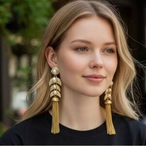 Magical Byzantine Gold Pearl Crystal Crescent Moon Chain Tassle Long Earrings